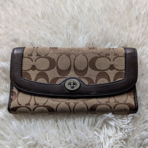 Monogram Canvas Long Wallet, Turnlock Closure, Brown & Tan - Picture 1 of 8